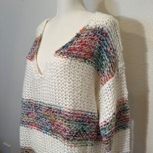 BIBI White Multi Color Striped Loose Knit V-Neck Oversized Sweater XL